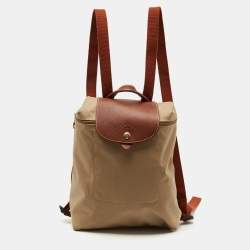 Longchamp Beige/Brown Nylon and Leather Le Pliage Backpack