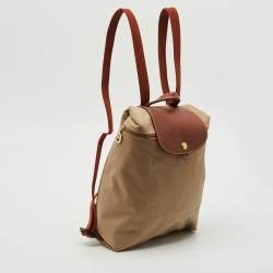Longchamp Beige/Brown Nylon and Leather Le Pliage Backpack