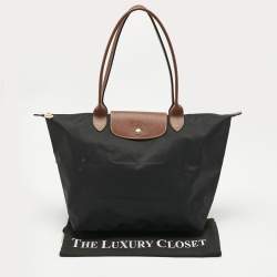 Longchamp Black/Brown Nylon Large Le Pliage Tote