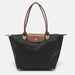 Longchamp Black/Brown Nylon Large Le Pliage Tote