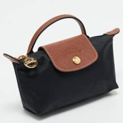 Longchamp Black/Brown Leather and Nylon Le Pliage Pouch