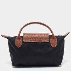 Longchamp Black/Brown Leather and Nylon Le Pliage Pouch