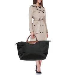 Longchamp Black/Brown Nylon and Leather Large Le Pliage Travel Bag