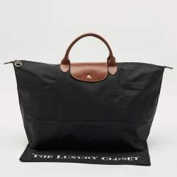 Longchamp Black/Brown Nylon and Leather Large Le Pliage Travel Bag