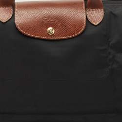 Longchamp Black/Brown Nylon and Leather Large Le Pliage Travel Bag