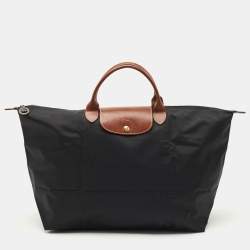 Longchamp Black/Brown Nylon and Leather Large Le Pliage Travel Bag
