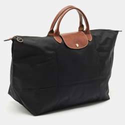 Longchamp Black/Brown Nylon and Leather Large Le Pliage Travel Bag