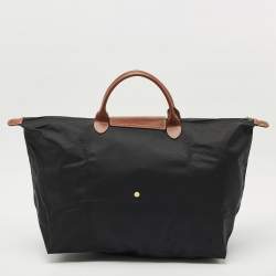 Longchamp Black/Brown Nylon and Leather Large Le Pliage Travel Bag