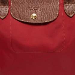 Pre Owned Longchamp Red/Brown Nylon Small Le Pliage Tote