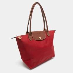 Pre Owned Longchamp Red/Brown Nylon Small Le Pliage Tote