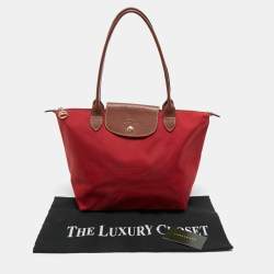 Pre Owned Longchamp Red/Brown Nylon Small Le Pliage Tote