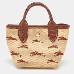 Pre Owned Longchamp Beige/Brown Raffia and Leather XS Le Panier Pliage Basket Bag