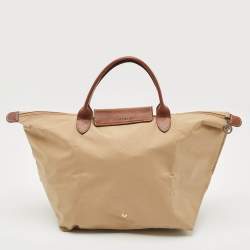 Pre Owned Longchamp Beige/Brown Nylon Le Pliage M Tote