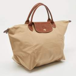 Pre Owned Longchamp Beige/Brown Nylon Le Pliage M Tote