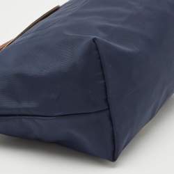 Pre Owned Longchamp Navy Blue/Brown Nylon and Leather Small Short Le Pliage Tote