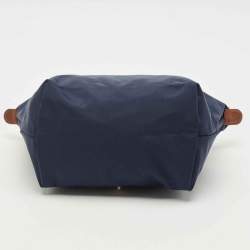 Pre Owned Longchamp Navy Blue/Brown Nylon and Leather Small Short Le Pliage Tote