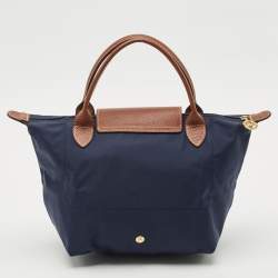 Pre Owned Longchamp Navy Blue/Brown Nylon and Leather Small Short Le Pliage Tote