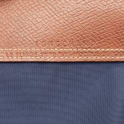 Pre Owned Longchamp Navy Blue/Brown Nylon and Leather Small Short Le Pliage Tote