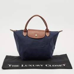 Pre Owned Longchamp Navy Blue/Brown Nylon and Leather Small Short Le Pliage Tote