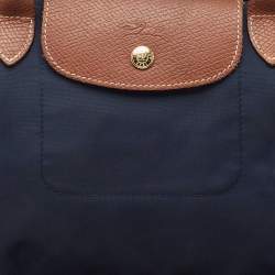 Pre Owned Longchamp Navy Blue/Brown Nylon and Leather Small Short Le Pliage Tote