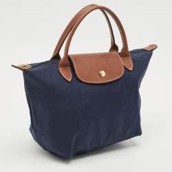 Pre Owned Longchamp Navy Blue/Brown Nylon and Leather Small Short Le Pliage Tote