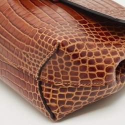 Pre Owned Longchamp Brown Croc Embossed Leather Roseau Crossbody Bag