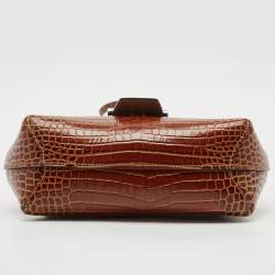 Pre Owned Longchamp Brown Croc Embossed Leather Roseau Crossbody Bag