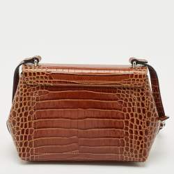 Pre Owned Longchamp Brown Croc Embossed Leather Roseau Crossbody Bag