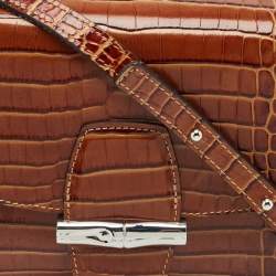 Pre Owned Longchamp Brown Croc Embossed Leather Roseau Crossbody Bag