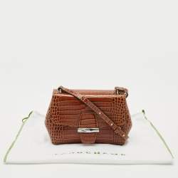 Pre Owned Longchamp Brown Croc Embossed Leather Roseau Crossbody Bag