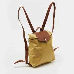 Pre Owned Longchamp Beige/Brown Nylon and Leather Le Pliage Backpack