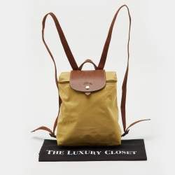 Pre Owned Longchamp Beige/Brown Nylon and Leather Le Pliage Backpack
