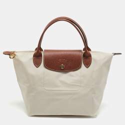 Pre Owned Longchamp Beige/Brown Nylon and Leather Small Short Le Pliage Tote