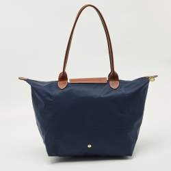 Pre Owned Longchamp Navy Blue/Brown Nylon Large Le Pliage Tote
