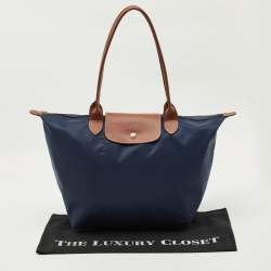 Pre Owned Longchamp Navy Blue/Brown Nylon Large Le Pliage Tote