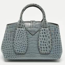 Pre Owned Longchamp Blue Croc Embossed Leather Roseau Crossbody Bag