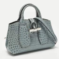 Pre Owned Longchamp Blue Croc Embossed Leather Roseau Crossbody Bag