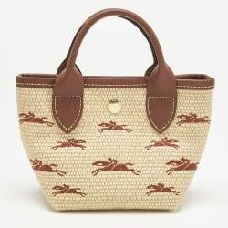 Pre Owned Longchamp Brown/Natural Raffia XS Le Panier Pliage Basket Tote