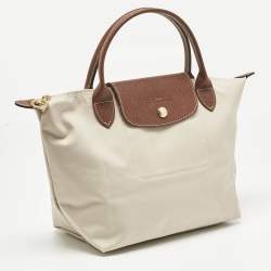 Pre Owned Longchamp Brown/Ivory Nylon Small Short Le Pliage Tote