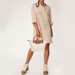 Pre Owned Longchamp Brown/Ivory Nylon Small Short Le Pliage Tote