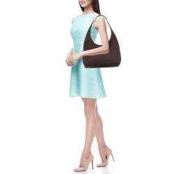 Pre Owned Longchamp Cacao Brown Nylon and Croc Embossed Leather Shoulder Bag