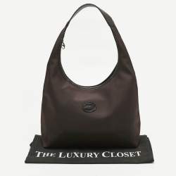 Pre Owned Longchamp Cacao Brown Nylon and Croc Embossed Leather Shoulder Bag