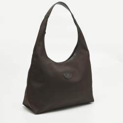 Pre Owned Longchamp Cacao Brown Nylon and Croc Embossed Leather Shoulder Bag