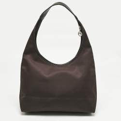 Pre Owned Longchamp Cacao Brown Nylon and Croc Embossed Leather Shoulder Bag