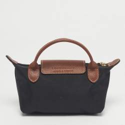 Pre Owned Longchamp Black/Brown Leather and Nylon Le Pliage Pouch