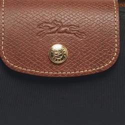 Pre Owned Longchamp Black/Brown Leather and Nylon Le Pliage Pouch