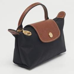 Pre Owned Longchamp Black/Brown Leather and Nylon Le Pliage Pouch