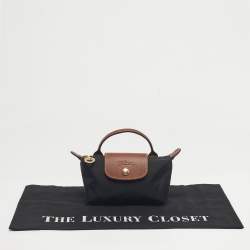 Pre Owned Longchamp Black/Brown Leather and Nylon Le Pliage Pouch