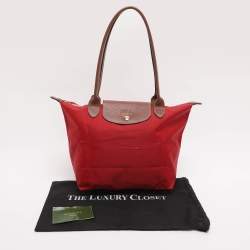 Pre Owned Longchamp Red/Brown Nylon Small Le Pliage Tote