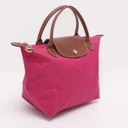 Pre Owned Longchamp Pink/Brown Nylon and Leather Small Short Le Pliage Tote